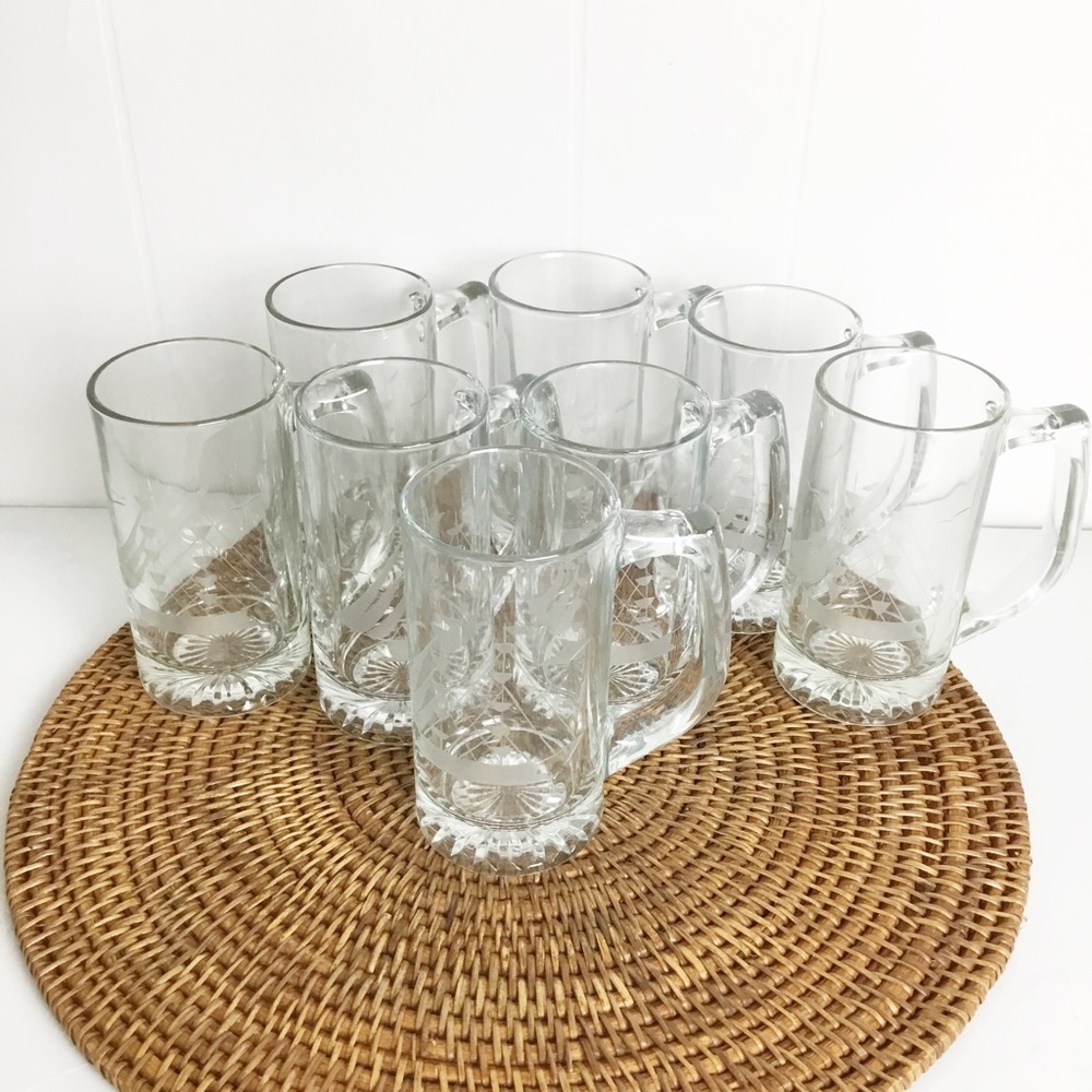 Vintage Etched Nautical Sailing Ship Glass Mug - Beer Glass - Stein Lot 8 Boat